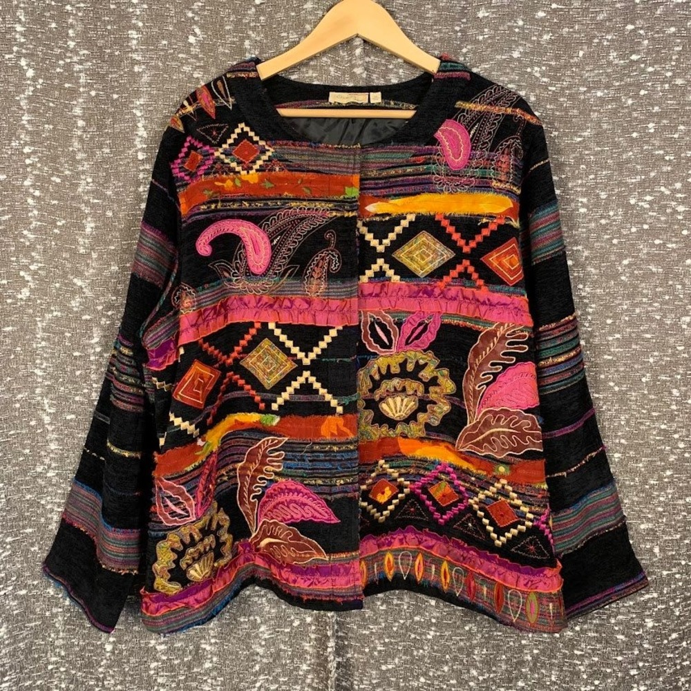 Choices Black Embroidered Tapestry Jacket Button Up Boho Wearable Art Women's 3X